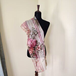 Beige & Pink Floral Sheer Chiffon Lightweight Scarf